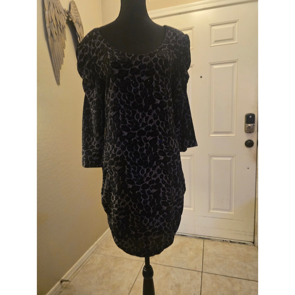 Eien USA Metallic Leopard Print Sheath Dress Black Silver Puff Sleeve XXL